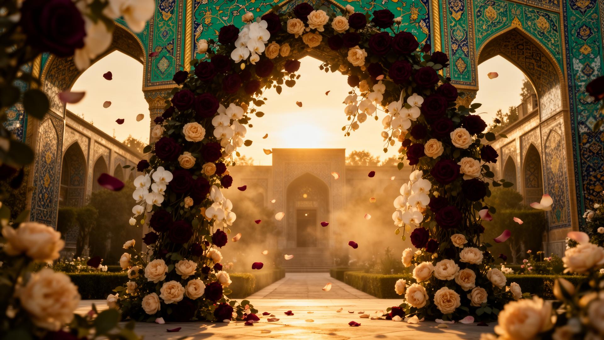Royal Persian palace garden with cascading roses and orchids at sunset